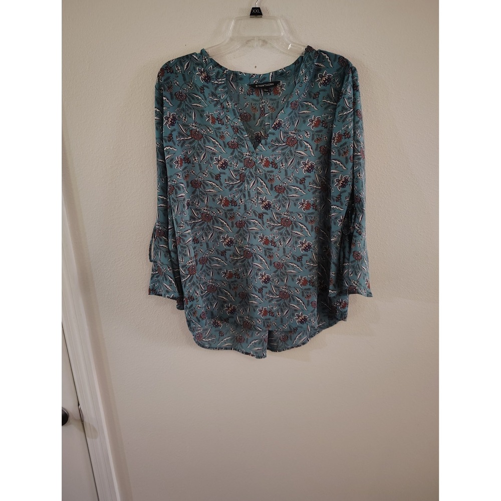 41 Hawthorn Teal Blue Floral V-Neck Blouse Bell Sleeve Tie Detail Top Large